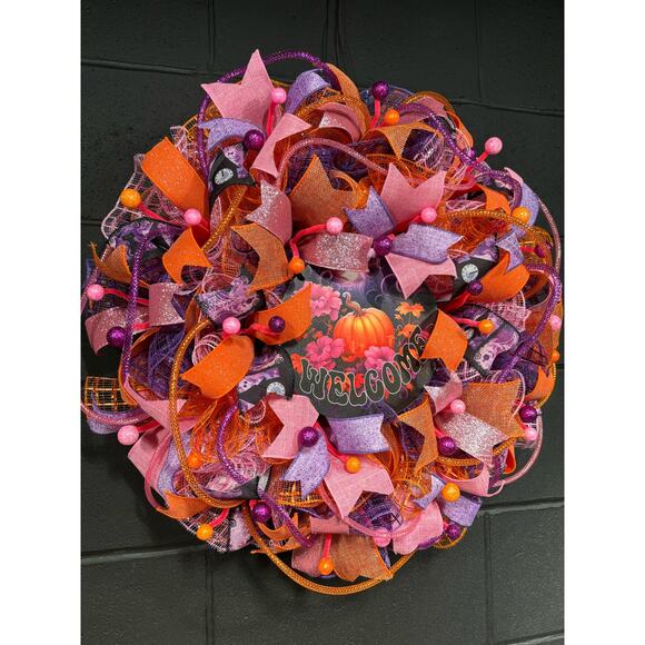 Fall Wreath For Front Door Halloween Pumpkin Orange Pink Purple Handmade 24 inch - Picture 2 of 7